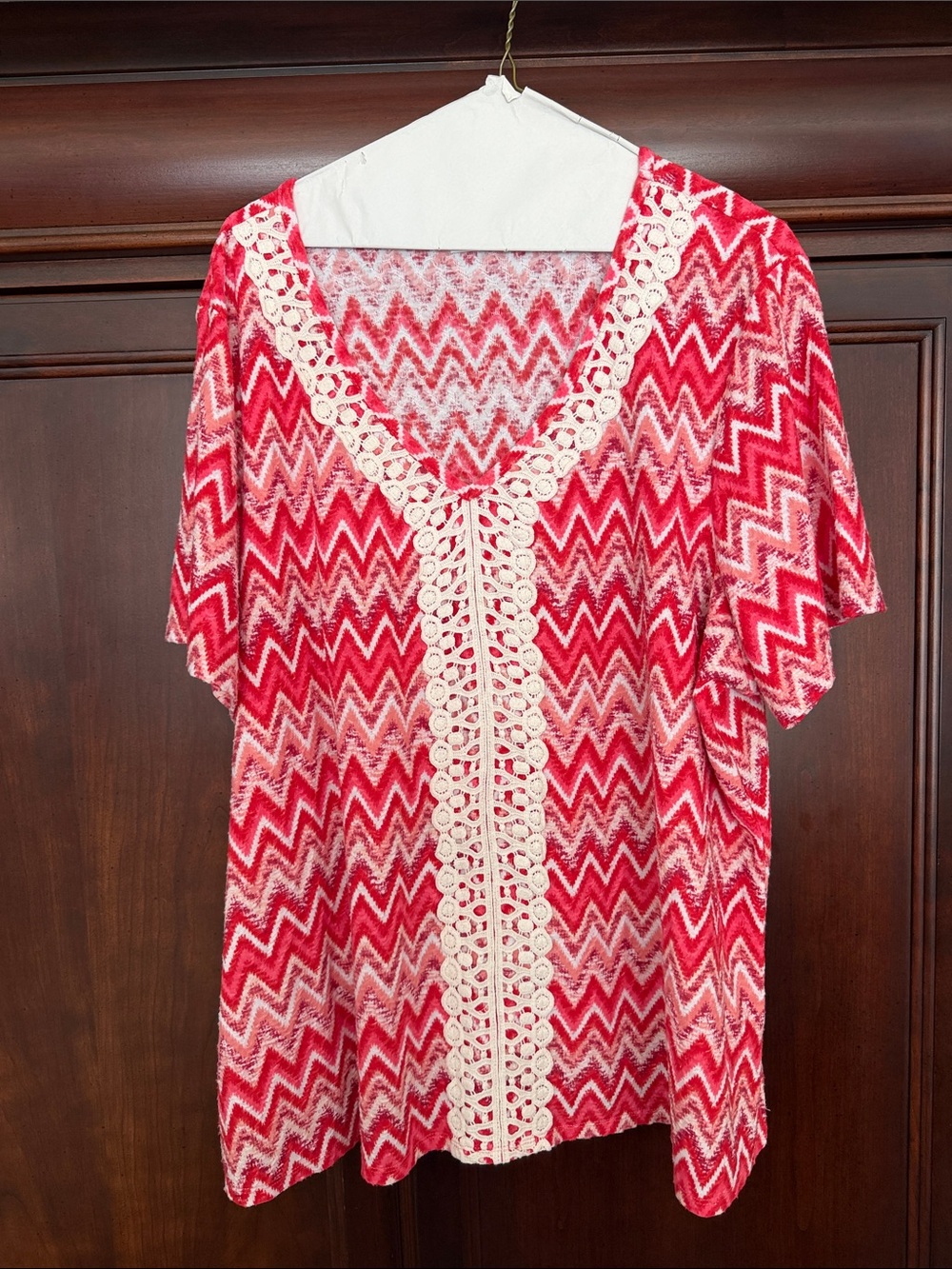 Kim Rogers Red Chevron V-Neck Tunic with Cream Lace Trim